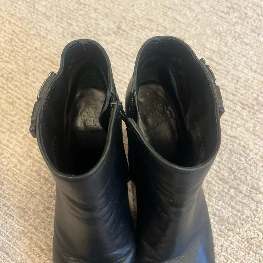 Tory Burch Lowell Black Leather Wedge Ankle Boots Booties Size 9.5